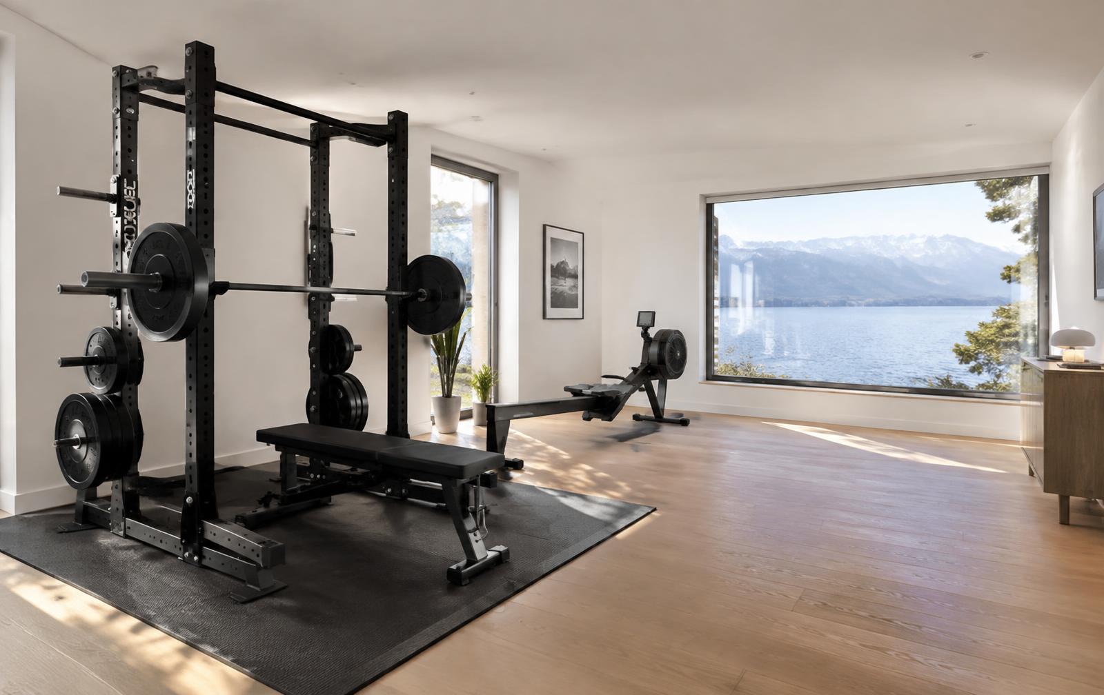 Salle de sport privée lumineuse avec vue sur le lac Léman